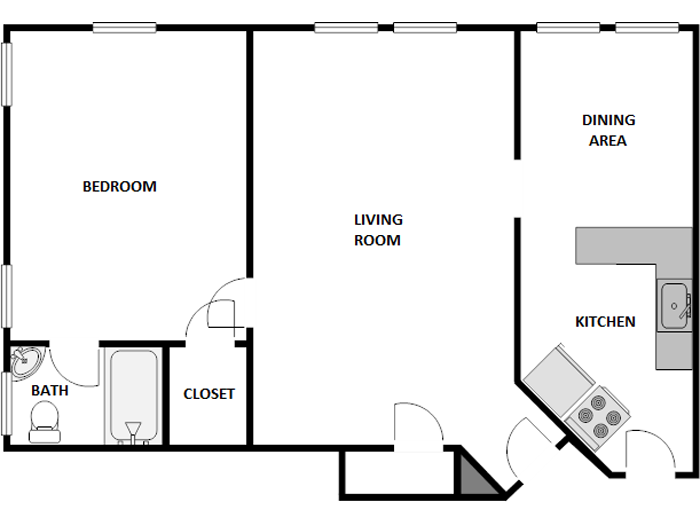 Floor plan for 1 bed, 1 bath, 630 sqft